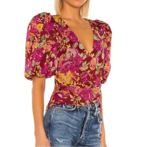 Revolve LPA Ada Puff Sleeve Pink Floral Wrap Crop Blouse - Picture 2 of 14